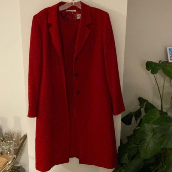 KASPER ASL red crepe shift dress duster coat blazer jacket 10 lined work career - Picture 1 of 9
